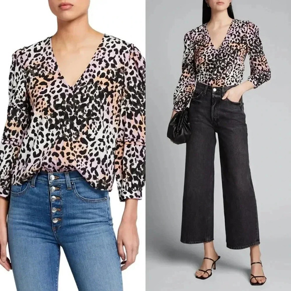 Veronica Beard Ramona Leopard Silk Blend V-Neck 3/4 Sleeve Top Size 2 - Picture 1 of 15
